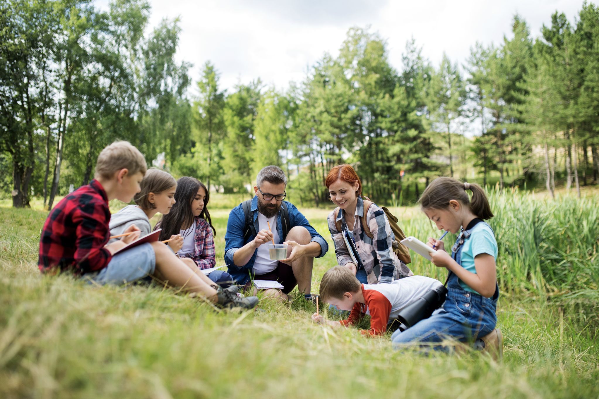 A group observes nature during a woodland outing.